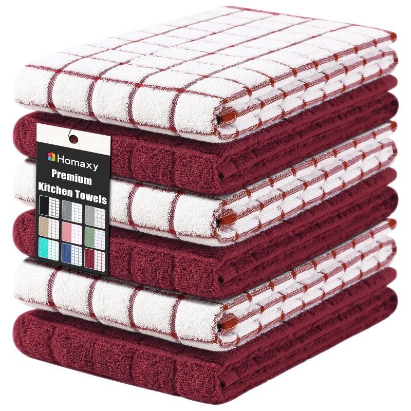Homaxy Premium Cotton Kitchen Towels 16"x 28", Large Natural Ring Spun 390 GSM Dish Towels, Super Absorbent Terry Kitchen Hand Towels, Soft Tea Towels with Hanging Loop, Red Check Design,6 Pack - Image 1