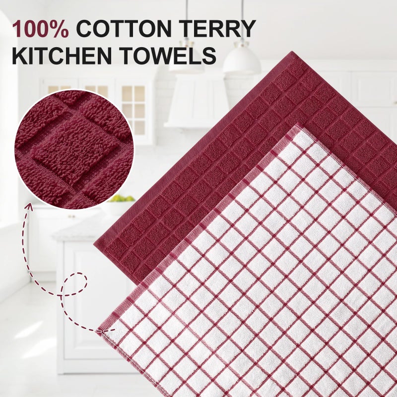 Homaxy Premium Cotton Kitchen Towels 16"x 28", Large Natural Ring Spun 390 GSM Dish Towels, Super Absorbent Terry Kitchen Hand Towels, Soft Tea Towels with Hanging Loop, Red Check Design,6 Pack - Image 2