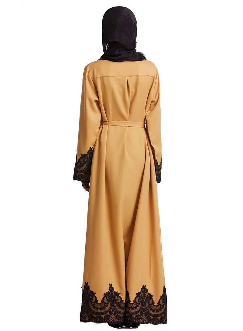 إسكدنيا Woman's Lace Applique Shirt Collar Maxi Dress Long Sleeve Robe Camel  - Image 3