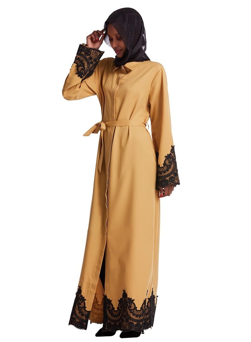 إسكدنيا Woman's Lace Applique Shirt Collar Maxi Dress Long Sleeve Robe Camel  - Image 2