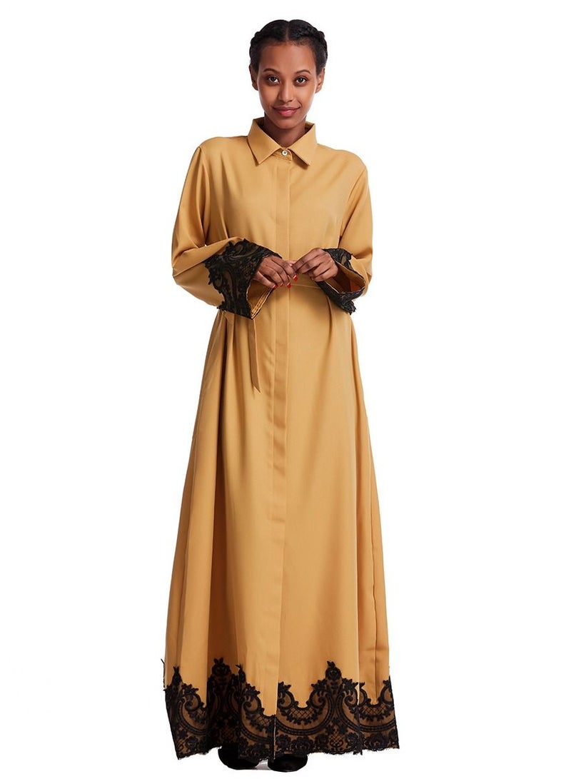 إسكدنيا Woman's Lace Applique Shirt Collar Maxi Dress Long Sleeve Robe Camel  - Image 1