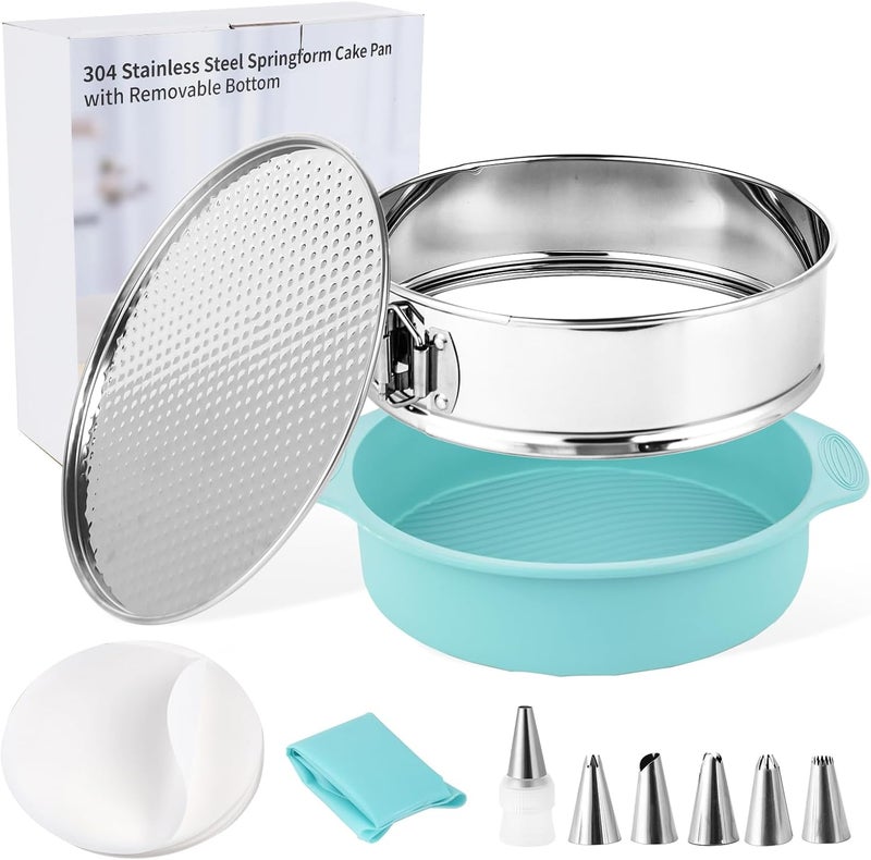 Spmarkt 9inch 304 Stainless Steel Springform Cake Pan with Detachable Bottom, Silicone Cheesecake Pan Protector, Parchment Paper, Decorating Kit Piping Bags and Tips- Ideal for Home Bakers - Image 1