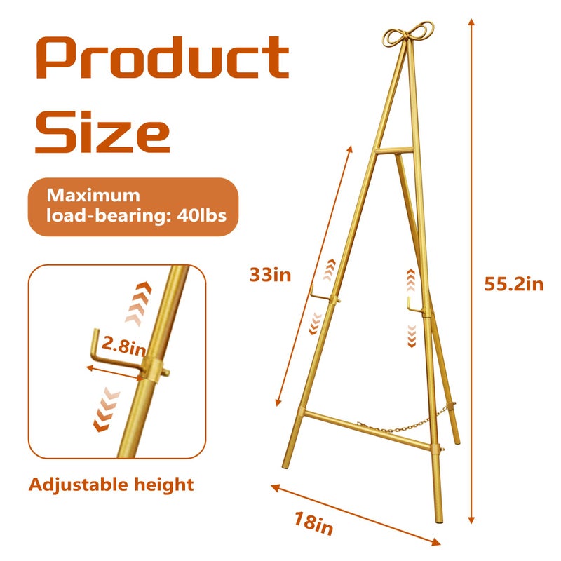 montex Easel Stand, Metal Easel for Display, 18" x 55" Adjustable Height Metal Easel Display Stand, Gold - Image 3