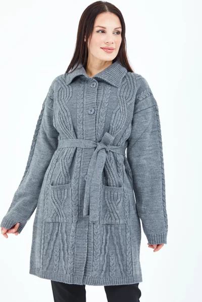 Stilmony Women's Gray Buttoned Pocket Belted Knitted Wool Long Cardigan