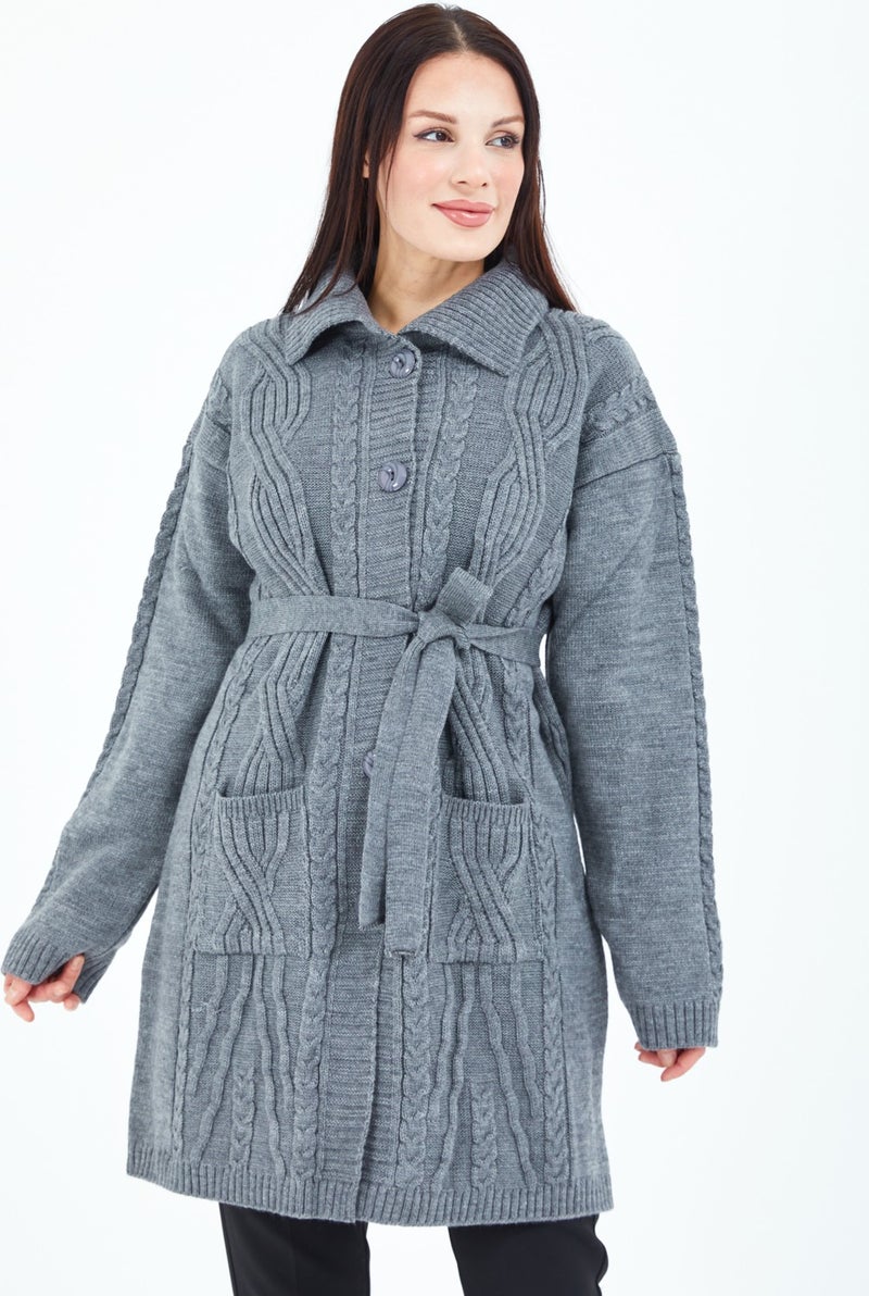 Stilmony Women's Gray Buttoned Pocket Belted Knitted Wool Long Cardigan - Image 1