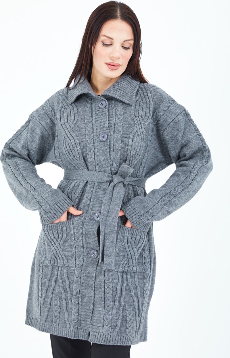 Stilmony Women's Gray Buttoned Pocket Belted Knitted Wool Long Cardigan - Image 5