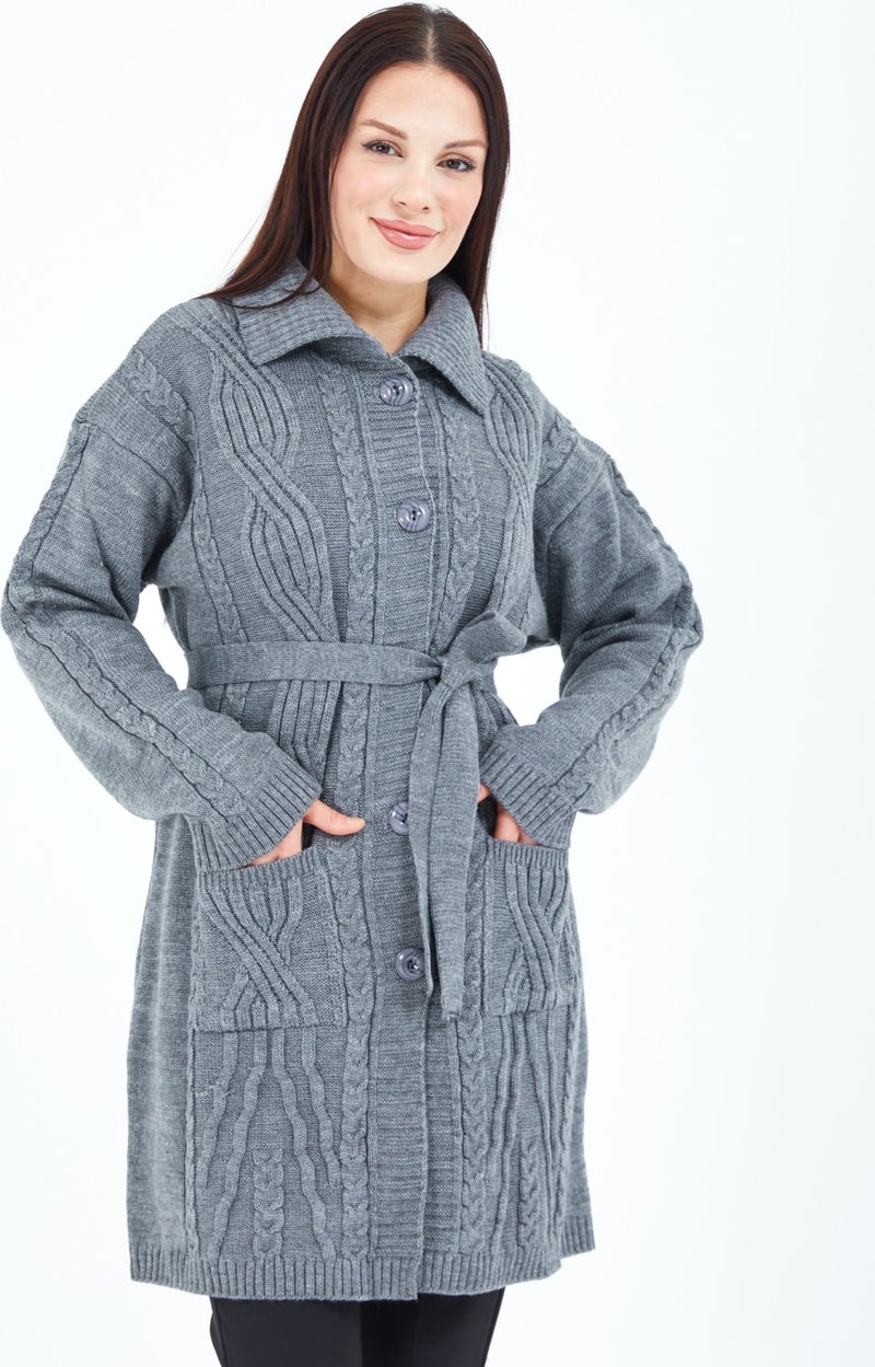 Stilmony Women's Gray Buttoned Pocket Belted Knitted Wool Long Cardigan - Image 4