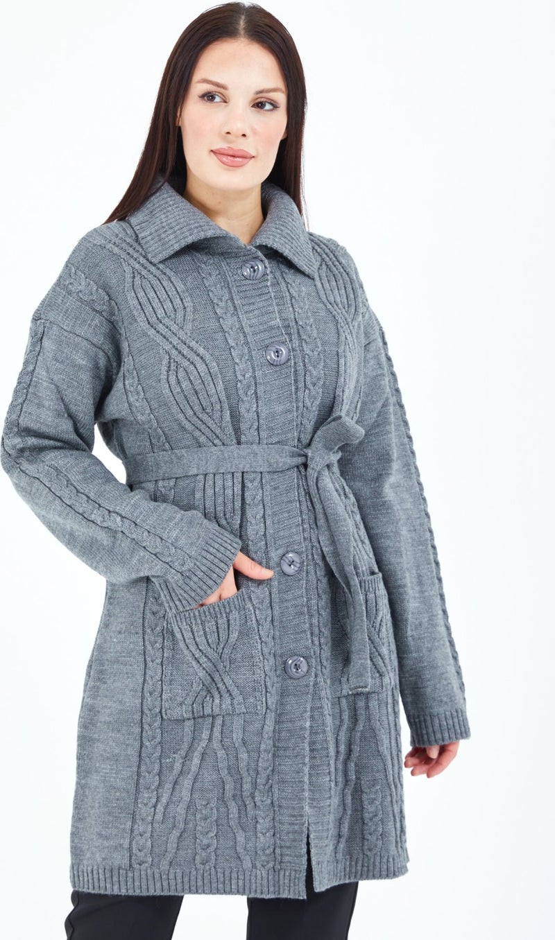 Stilmony Women's Gray Buttoned Pocket Belted Knitted Wool Long Cardigan - Image 2