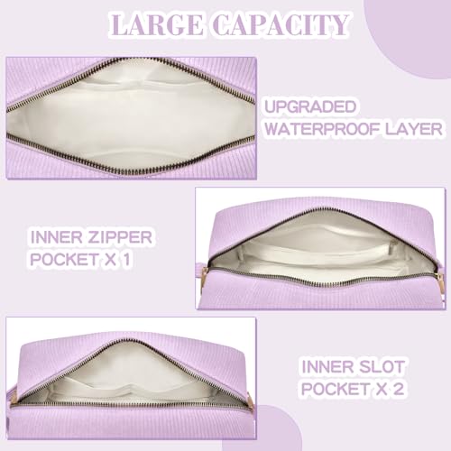 Viverte Makeup Bag Cosmetic Bag for Girls with Initial Letter Patch 3 Pieces Corduroy Travel Toiletry Make Up Brush Bag Pounch Organizer Preppy Things Cute Stuff Gifts for Teen Girls (Lavender D) - Image 5