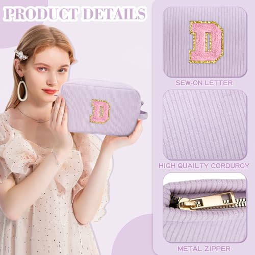 Viverte Makeup Bag Cosmetic Bag for Girls with Initial Letter Patch 3 Pieces Corduroy Travel Toiletry Make Up Brush Bag Pounch Organizer Preppy Things Cute Stuff Gifts for Teen Girls (Lavender D) - Image 3