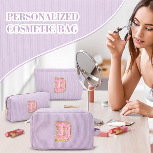 Viverte Makeup Bag Cosmetic Bag for Girls with Initial Letter Patch 3 Pieces Corduroy Travel Toiletry Make Up Brush Bag Pounch Organizer Preppy Things Cute Stuff Gifts for Teen Girls (Lavender D) - Image 2