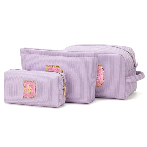 Viverte Makeup Bag Cosmetic Bag for Girls with Initial Letter Patch 3 Pieces Corduroy Travel Toiletry Make Up Brush Bag Pounch Organizer Preppy Things Cute Stuff Gifts for Teen Girls (Lavender D) - Image 1