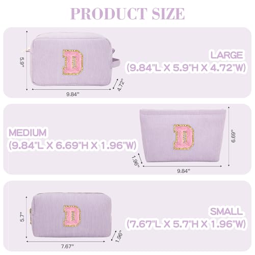 Viverte Makeup Bag Cosmetic Bag for Girls with Initial Letter Patch 3 Pieces Corduroy Travel Toiletry Make Up Brush Bag Pounch Organizer Preppy Things Cute Stuff Gifts for Teen Girls (Lavender D) - Image 4