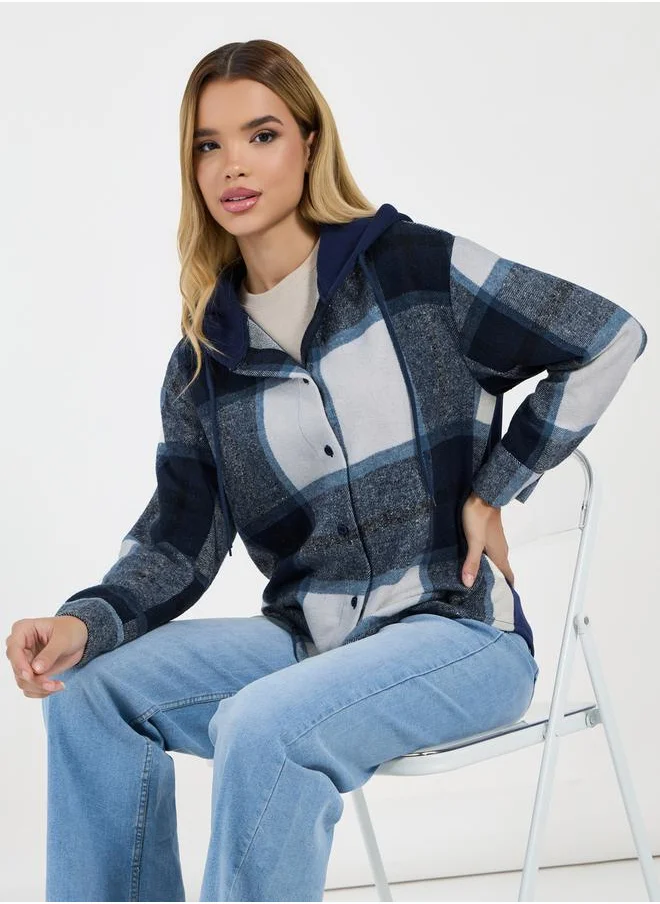 Styli Checked Oversized Hooded Knit Shirt