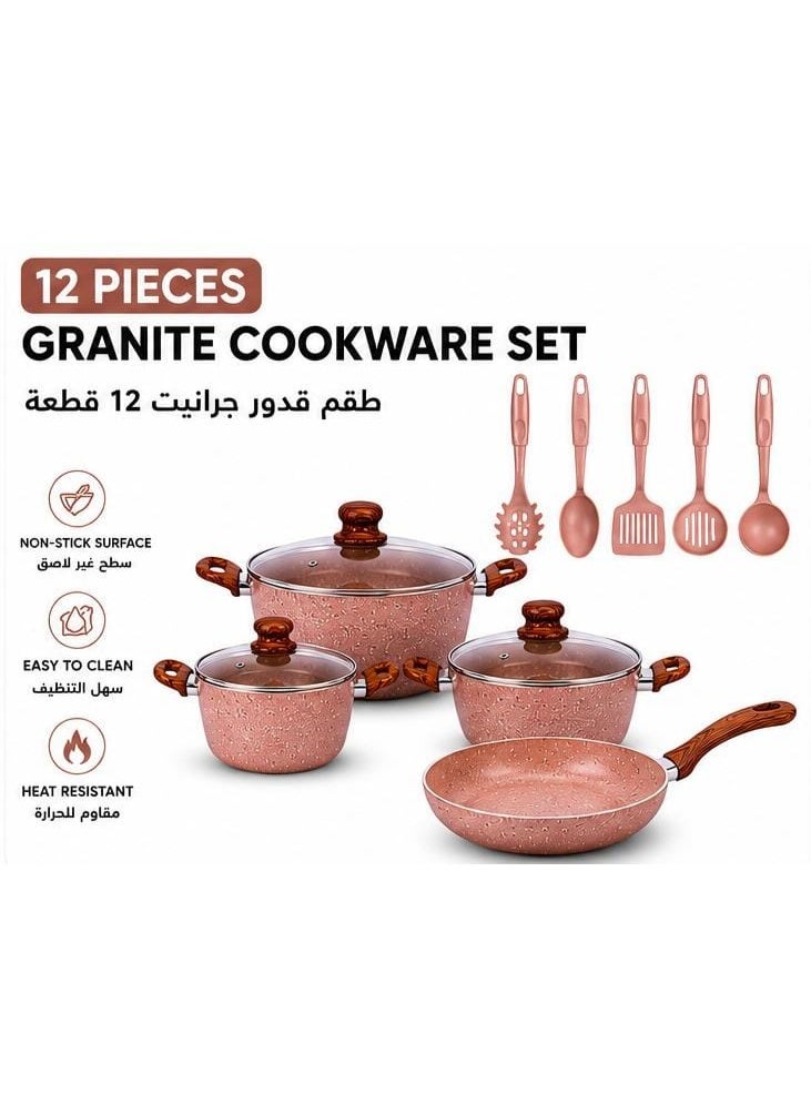 طقم أواني طهي جرانيت 12 قطعة | قدور ومقالي غير لاصقة مع أغطية زجاجية ومقلاة 24 سم و5 أدوات مطبخ | مناسب لجميع أنواع المواقد | وردي - Image 1