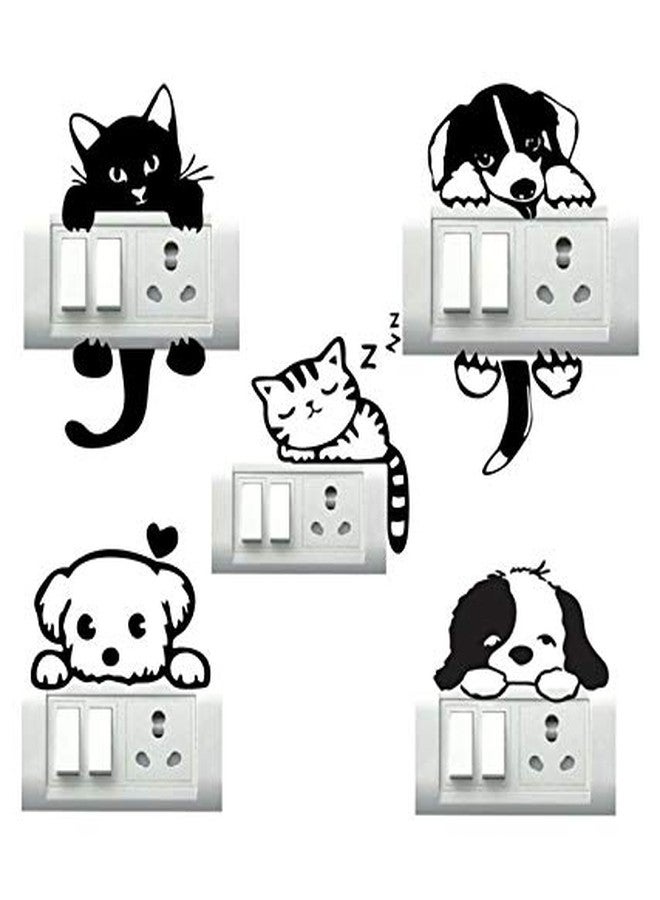 Byte Shop Decorative small switch penal/board Decor wall sticker of hanging cute dog and cat on swith penal cute puppy and dog face and sleeping cat decal self adhesive (pvc vinyl Multicolour), Animal
