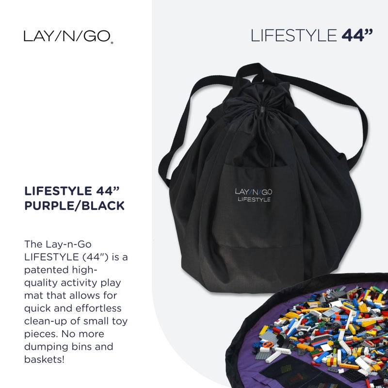 Lay-n-Go 4-in-1 Toy Storage Organizer Mat - Durable Machine Washable Drawstring Pull String Bag w/ 4 Mesh Pockets & Raised Lip for Lego & Other Toys - Easy-to-Clean (44", Purple/Black) - Image 2