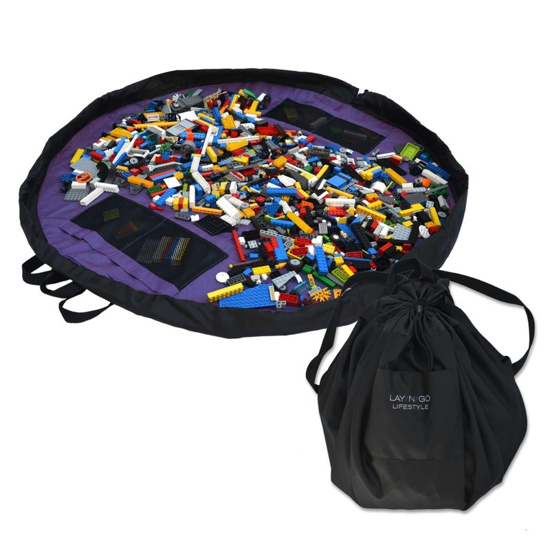 Lay-n-Go 4-in-1 Toy Storage Organizer Mat - Durable Machine Washable Drawstring Pull String Bag w/ 4 Mesh Pockets & Raised Lip for Lego & Other Toys - Easy-to-Clean (44", Purple/Black) - Image 1