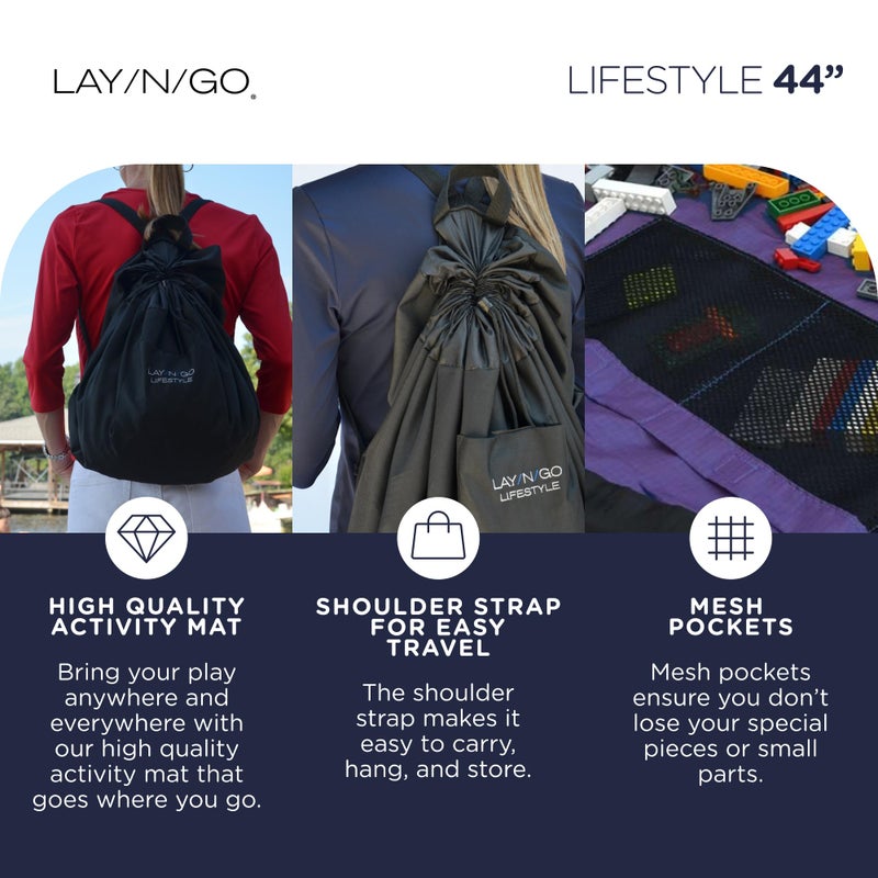 Lay-n-Go 4-in-1 Toy Storage Organizer Mat - Durable Machine Washable Drawstring Pull String Bag w/ 4 Mesh Pockets & Raised Lip for Lego & Other Toys - Easy-to-Clean (44", Purple/Black) - Image 4