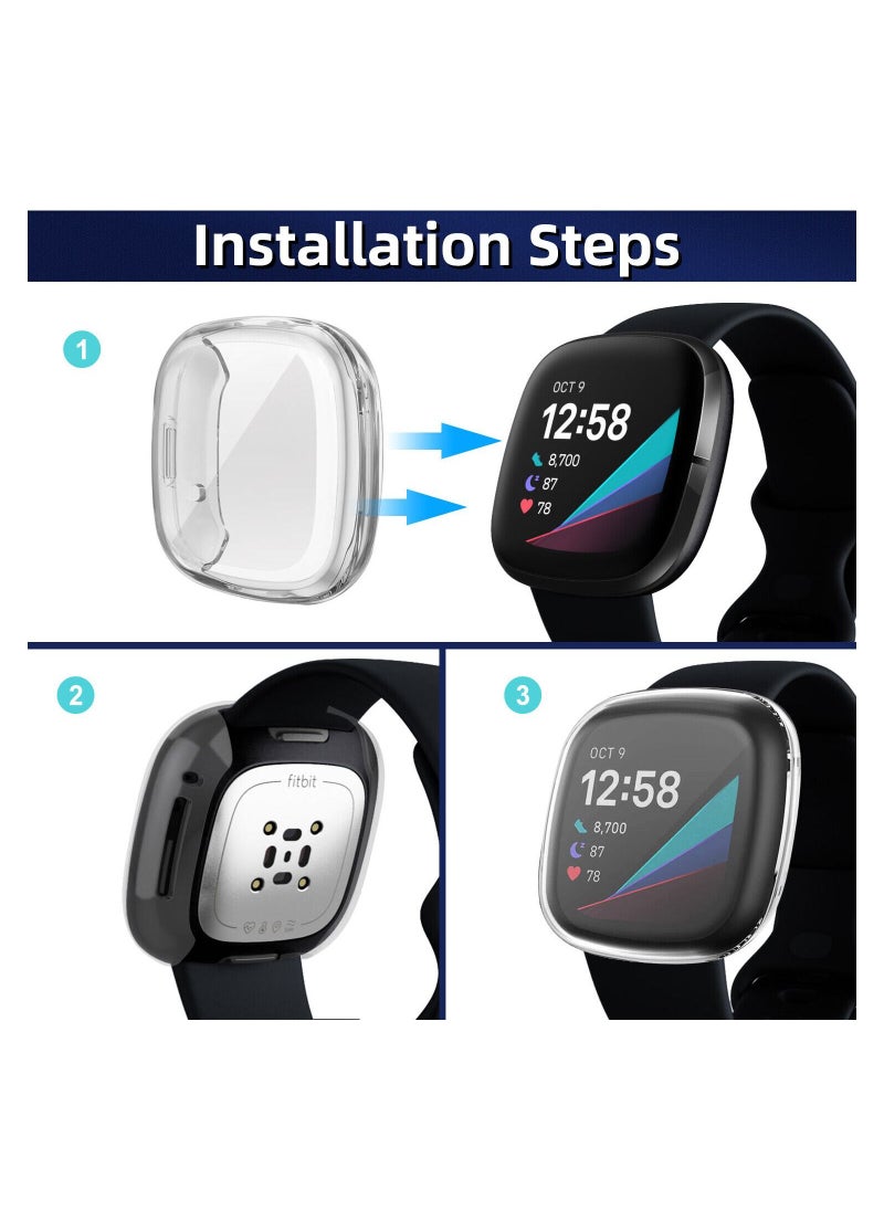 Fitbit Versa 3 Case / Fitbit Sense Case Clear Soft TPU Bumper Screen Protector Shockproof Full Coverage All-Around Protective Cover Clear