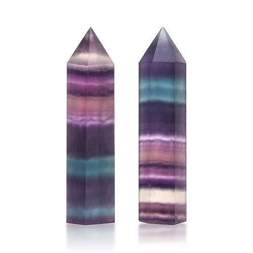 Comidox 2Pcs Natural Rainbow Fluorite Quartz Crystal Hexagonal Wand Healing Crystal Stone Purple Green Gem for Feng Shui Decor Home Office Decor - Image 1