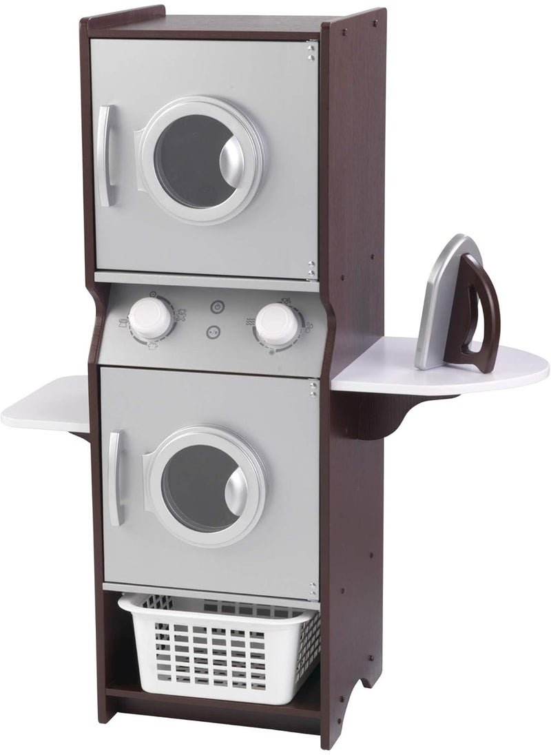 KidKraft KidKraft Laundry Playset Childrens Pretend Wooden Stacking Washer and Dryer Toy with Iron and Basket Espresso Gift for Ages 3  - Image 1