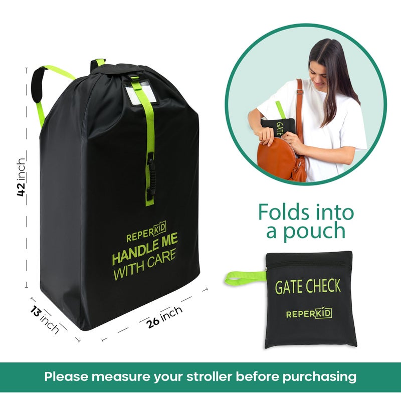 reperkid Medium Stroller Bag for Airplane Travel, Black & Green, 42" H x26 W x13 D, Fits Most Single Strollers Incl. Jogging & Standard Models â€“ Premium Waterproof Cover, Adjustable Shoulder Straps - Image 5