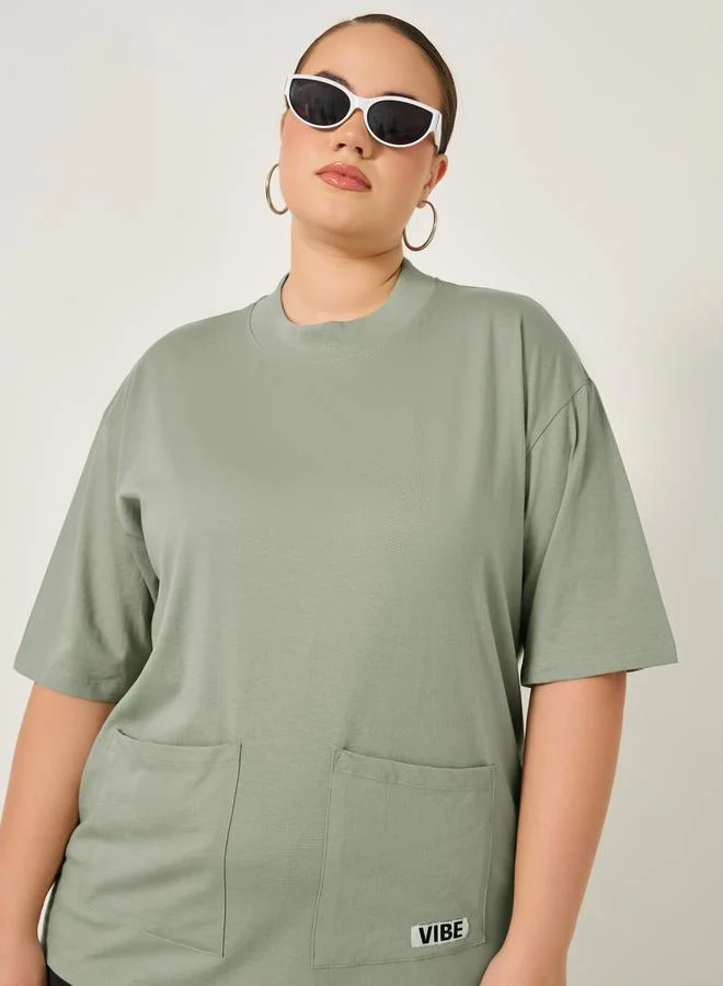 Styli Plus Size Round Neck Oversized T-Shirt with Utility Pockets