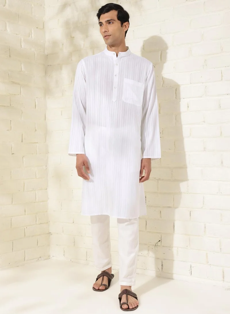 فاب انديا Cotton Plain Striped Long Kurta