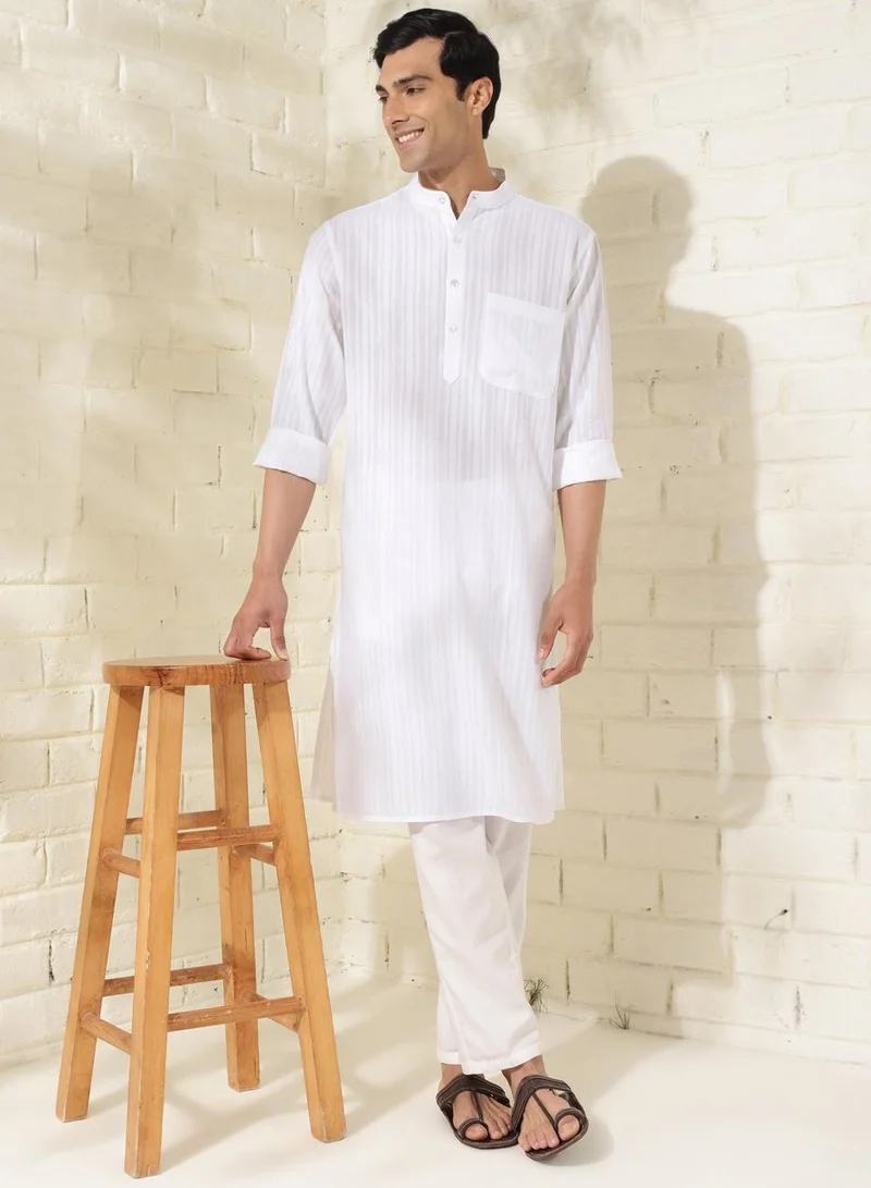 فاب انديا Cotton Plain Striped Long Kurta