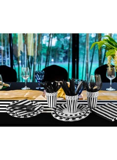Remagr 154 Pcs Black And White Disposable Dinnerware Set Black And White Party Supplies Striped Tablecloth With Tableware Black And White Stripe Table Cover Plates Cups Napkins, Black Knives Forks Spoons  - Image 5