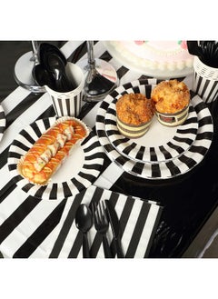 Remagr 154 Pcs Black And White Disposable Dinnerware Set Black And White Party Supplies Striped Tablecloth With Tableware Black And White Stripe Table Cover Plates Cups Napkins, Black Knives Forks Spoons  - Image 3