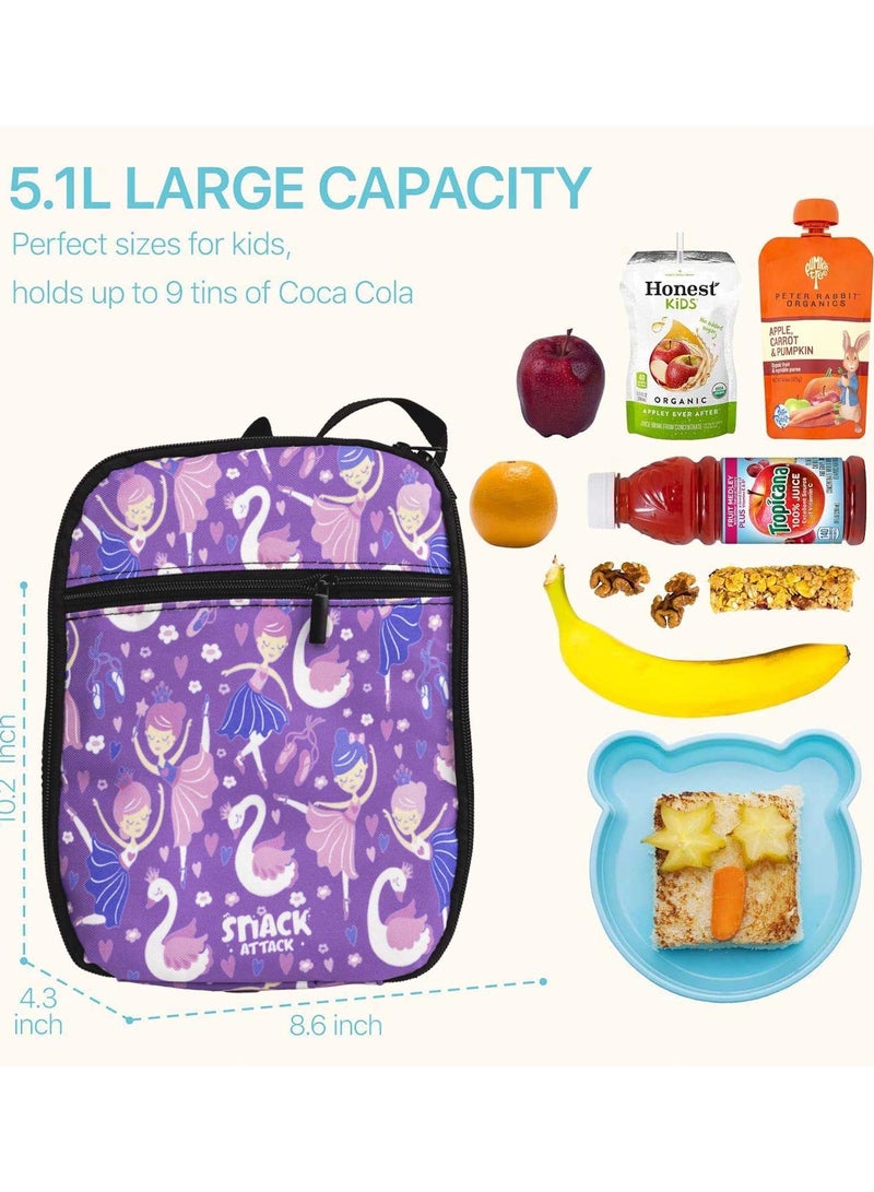 Snack Attack Kids Insulated Lunch Bag – Ballerina & Swan Princess Design – Leakproof & Lightweight – With Adjustable Strap & Mesh Bottle Pocket – Ideal for Girls Age 3–10 – BPA-Free, Durable & Easy to Clean - Image 2