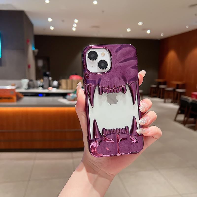 US LITE Shockproof Designer 3D Fangs Case for iPhone 15 | Metallic Chrome | Precise Cutouts | Anti-Scratch Grip | Full Camera Protection and Stylish Look - Purple - Image 1