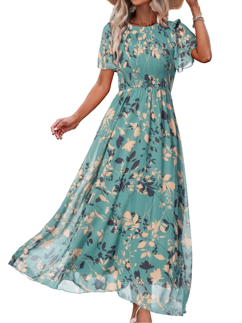 Simplee Apparel Womens Floral Maxi Dress Short Sleeve Summer Boho Wedding Guest Dress Empire Waist Chiffon Modest Midi Dresses (Lake Blue M) - Image 1