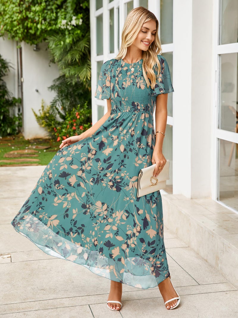 Simplee Apparel Womens Floral Maxi Dress Short Sleeve Summer Boho Wedding Guest Dress Empire Waist Chiffon Modest Midi Dresses (Lake Blue M) - Image 2