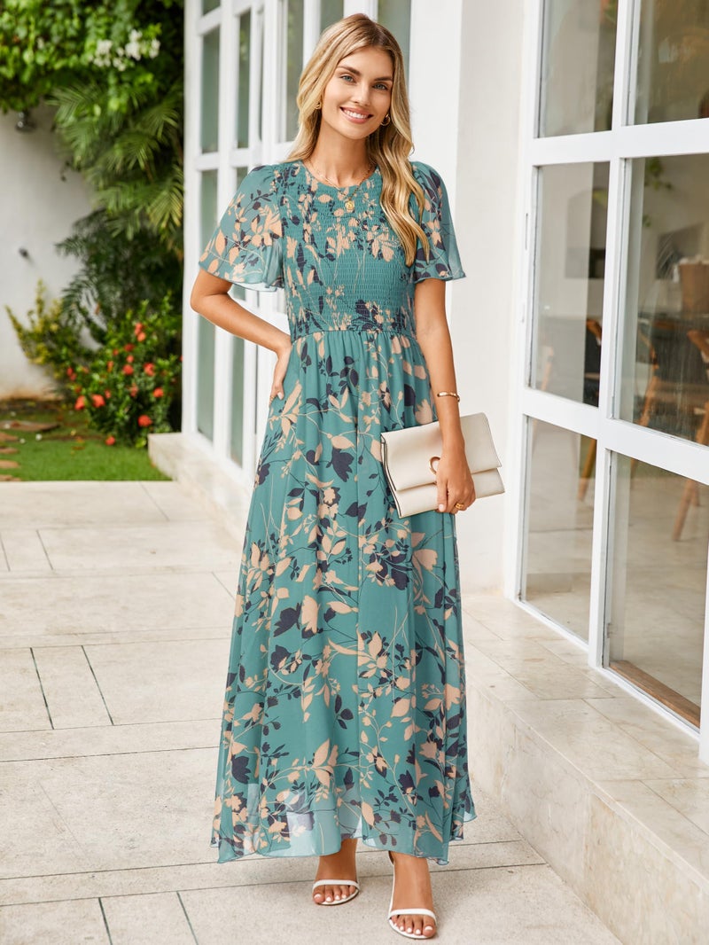 Simplee Apparel Womens Floral Maxi Dress Short Sleeve Summer Boho Wedding Guest Dress Empire Waist Chiffon Modest Midi Dresses (Lake Blue M) - Image 3