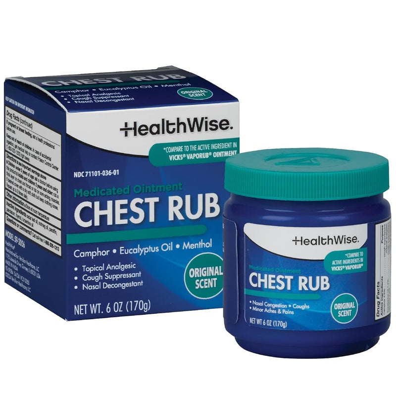 HealthWise Medicated Chest Rub  Cough suppressant  Relieves Nasal Congestion  Relieves Minor Aches and Pains  6 oz Jar  Eucalyptus Menthol  Camphor - Image 1