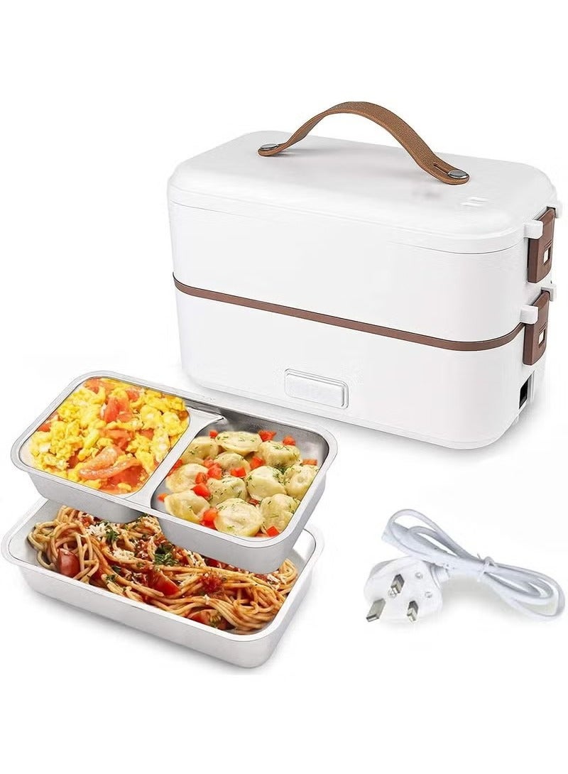 Beauenty Lunch Box 2 Tier Portable Electric Food Warmer Mini Removable 304 Stainless Steel 220V White Stainless Steel 800Ml - Image 1