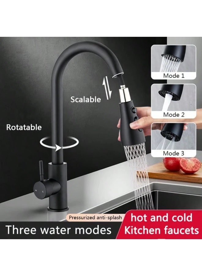 RATSAW 360° Rotating Black Kitchen Faucet with Pull-Out Sprayer – Hot & Cold Mixer Tap with Stream and Spray Modes  Pull Down Gooseneck  Kitchen Sink Faucet for Modern Sinks - Image 1