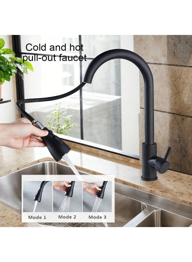 RATSAW 360° Rotating Black Kitchen Faucet with Pull-Out Sprayer – Hot & Cold Mixer Tap with Stream and Spray Modes  Pull Down Gooseneck  Kitchen Sink Faucet for Modern Sinks - Image 2