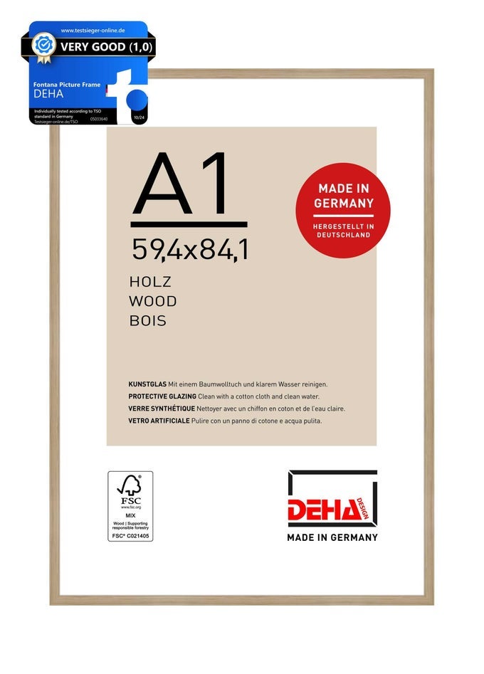 FONTANA WOODEN PICTURE FRAME OAK A1 594X841CM WITH PUSH AND TURN CLIPS
