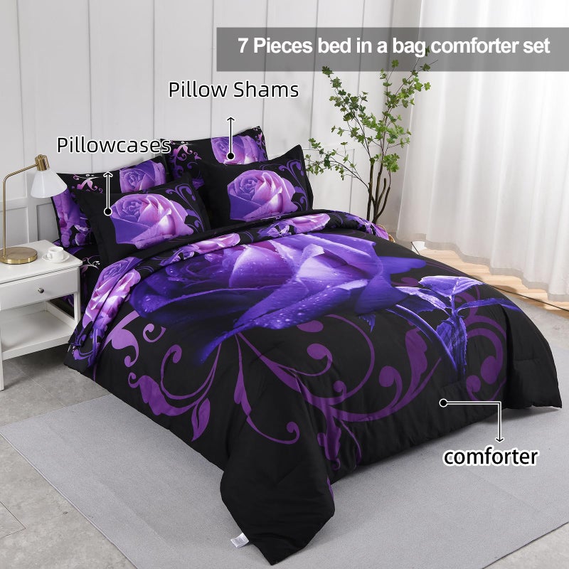 Xruibed Floral Comforter Set King 7 Piece Bed in a Bag Purple Rose Flower Comforter with Sheet Set Soft Micorfiber Bedding Set (1 Comforter 2 Pillow Shams 1 Flat Sheet 1 Fitted Sheet 2 Pillowcases) - Image 3