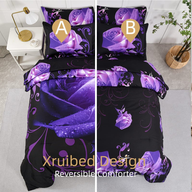 Xruibed Floral Comforter Set King 7 Piece Bed in a Bag Purple Rose Flower Comforter with Sheet Set Soft Micorfiber Bedding Set (1 Comforter 2 Pillow Shams 1 Flat Sheet 1 Fitted Sheet 2 Pillowcases) - Image 2