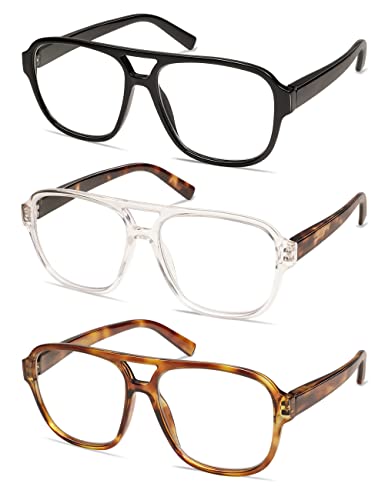 AMOMOMA 3 Pack Oversized Aviator Spring Hinge Reading Glasses for Women Men,Retro Blue Light Computer Reader Frame AM6081C1+C2+C3 0.0X - Image 3