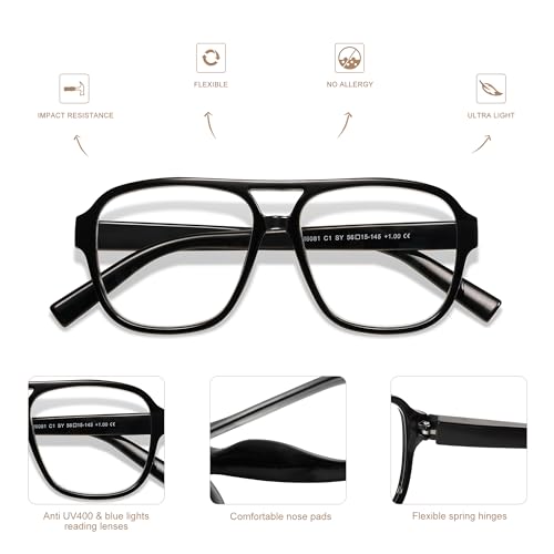 AMOMOMA 3 Pack Oversized Aviator Spring Hinge Reading Glasses for Women Men,Retro Blue Light Computer Reader Frame AM6081C1+C2+C3 0.0X - Image 5