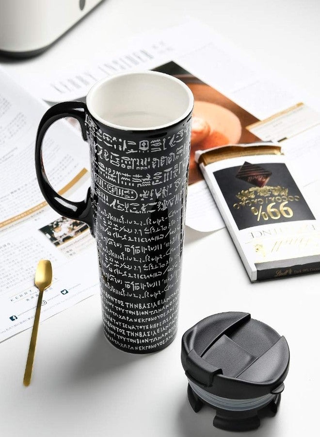 TZSSP Coffee Ceramic Mug Travel Mug Porcelain Latte Tea Cup With Lid 17oz. Rosetta Stone,Black - Image 2