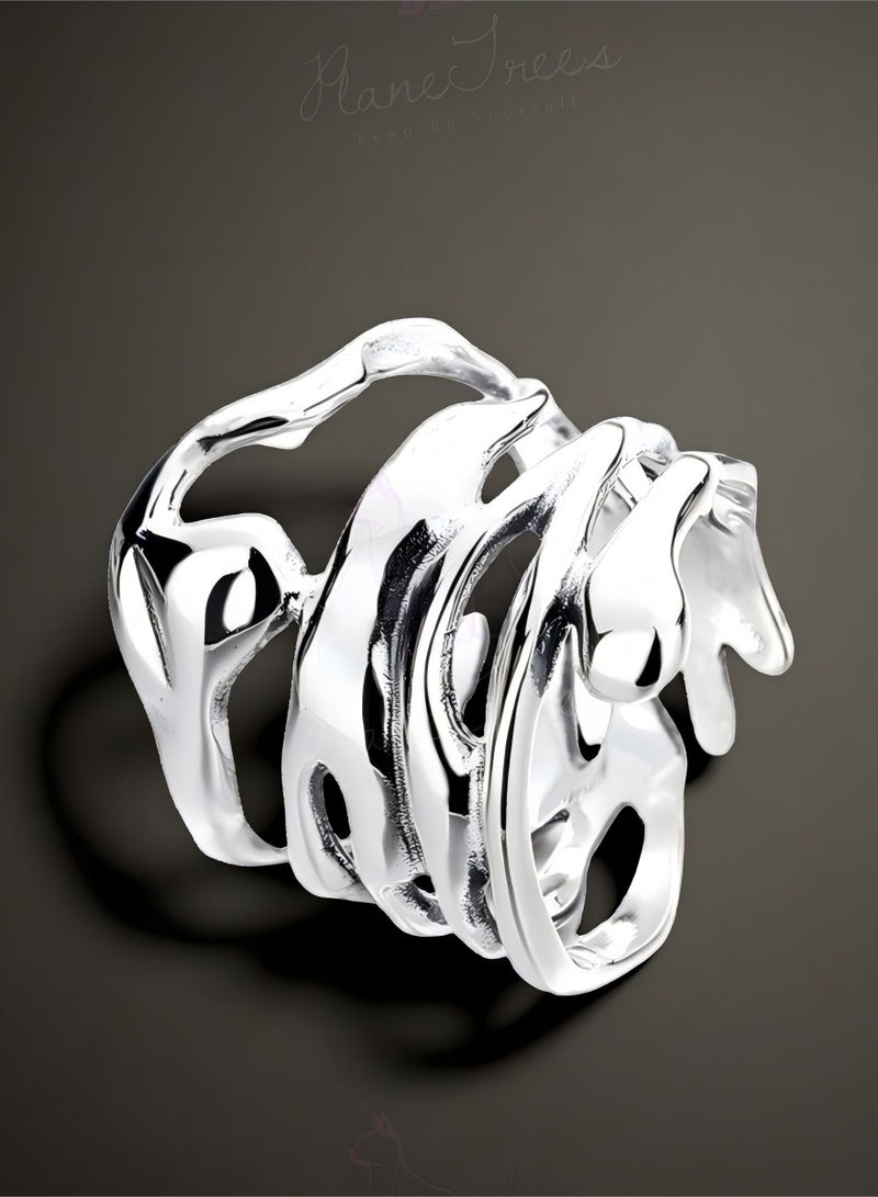 Plane Trees Sterling Silver Open Abstract Statement Ring for Women – Adjustable Artistic Design | PLANE TREES Jewelry - Image 1