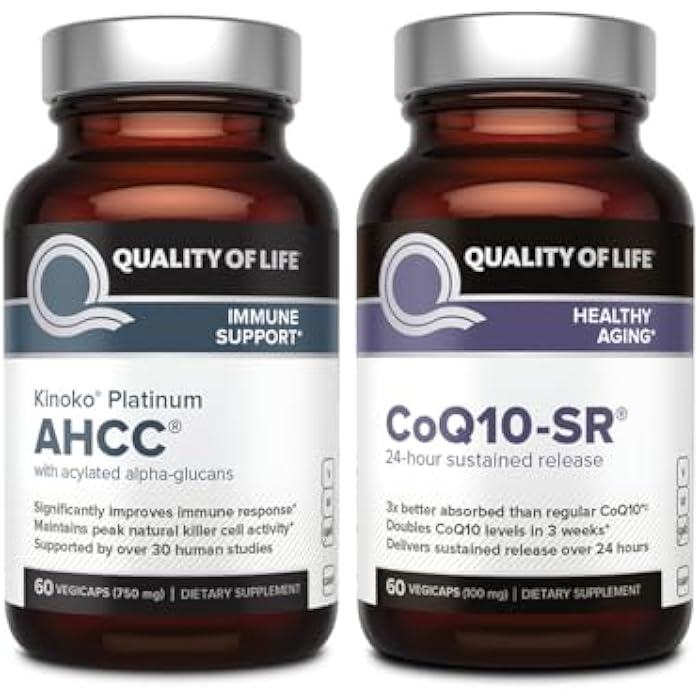 Quality of Life AHCC Kinoko Platinum Mushroom Extract, CoQ-10 SR Sustained Release Formula - Immune Support Healthy Aging Bundle - Image 1