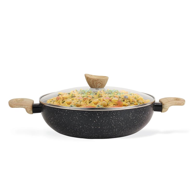 HaRvic HaRvic Non Stick Kadai NonStick Casserole with LidInduction Fry Kadai Granite Stone Kadhai with Glass Lid Kadai with Lid for Cooking PFOAFree Biryani PotRice PotDishwasher Safe Black 24cm  - Image 2